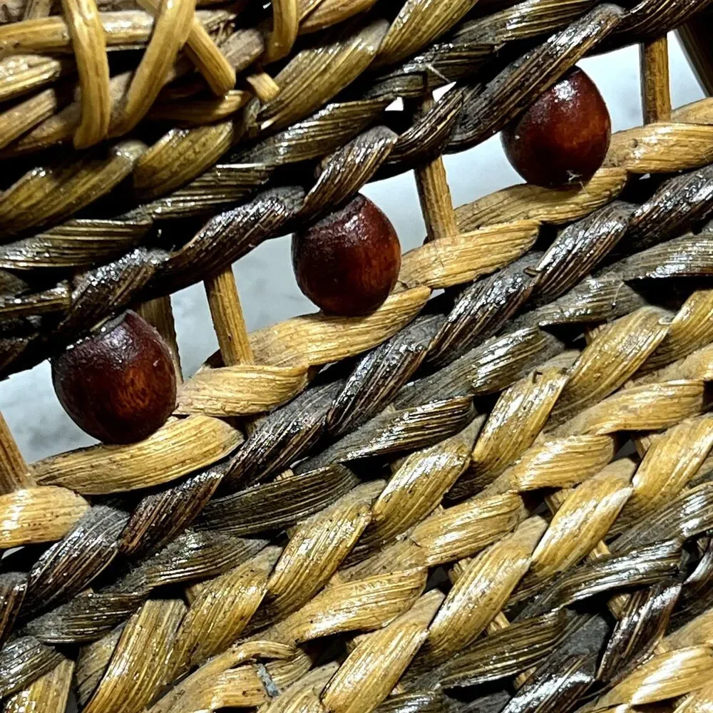 Vintage Gathering Basket With Wooden Beads | Wicker Magazine RacK | Towel Basket